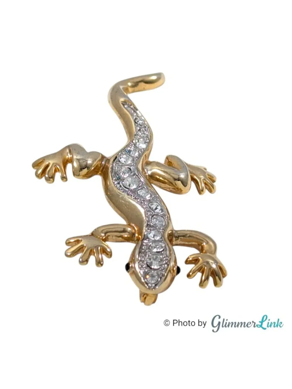 Vintage Gold Tone Gecko Lizard Brooch Clear Rhinestones Black Eyes